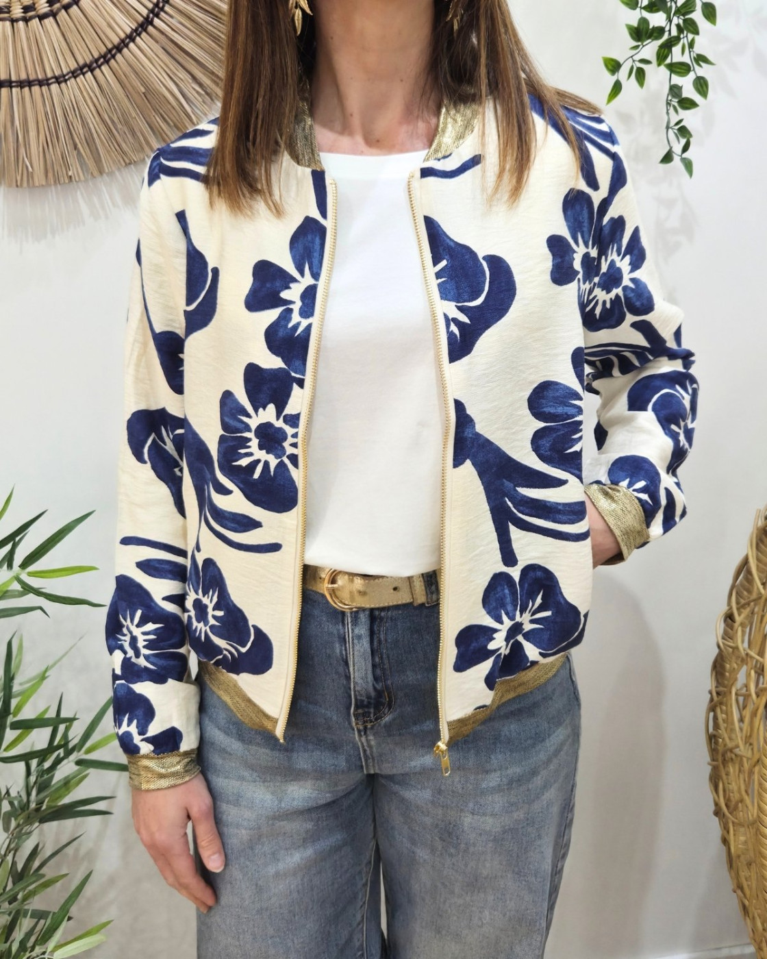 Bombers femme écru fleurs bleues Ludovica