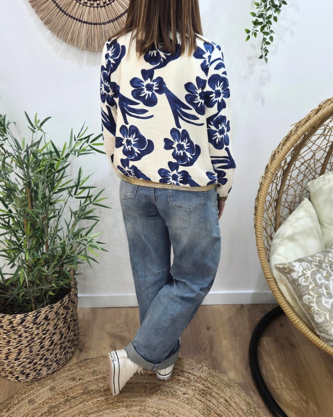 Bombers femme écru fleurs bleues Ludovica