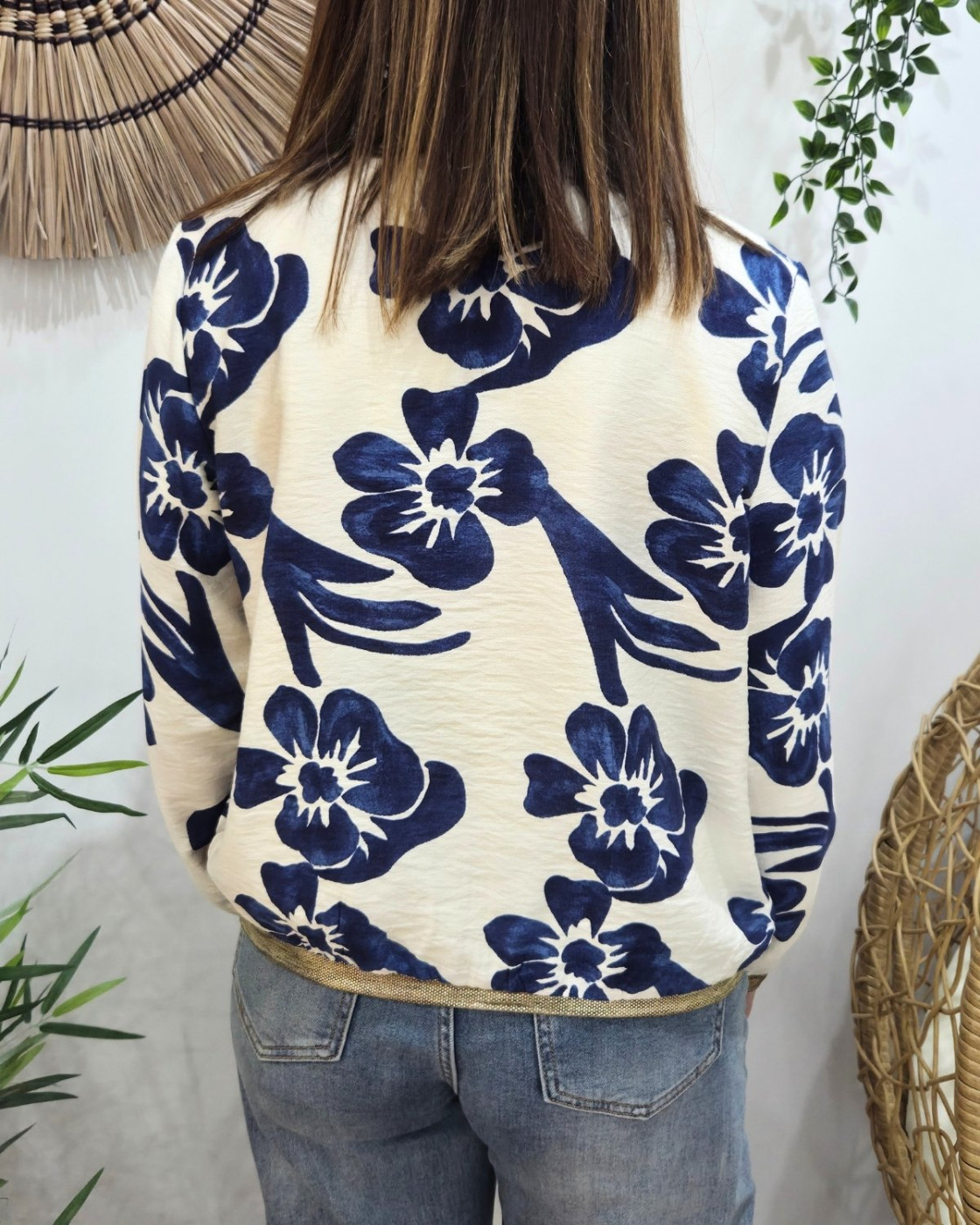 Bombers femme écru fleurs bleues Ludovica