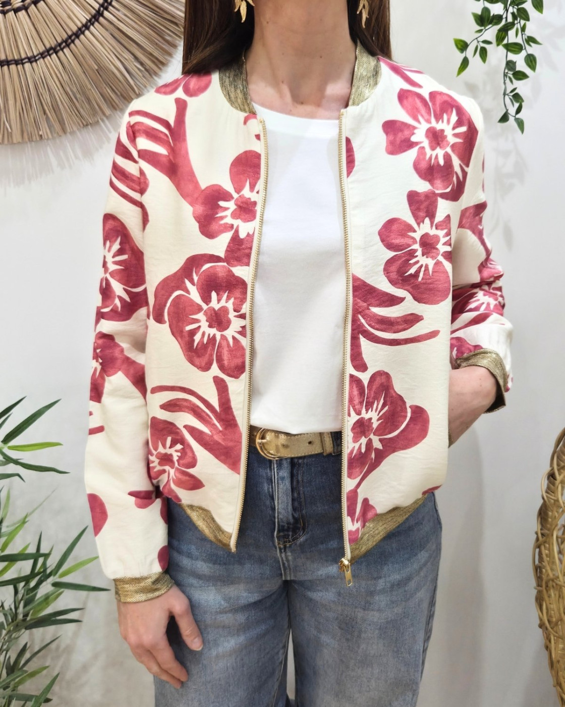 Bombers femme écru fleurs roses Ludovica
