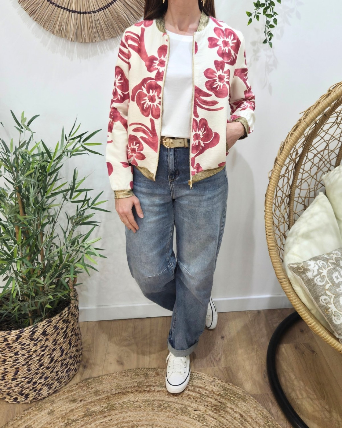 Bombers femme écru fleurs roses Ludovica