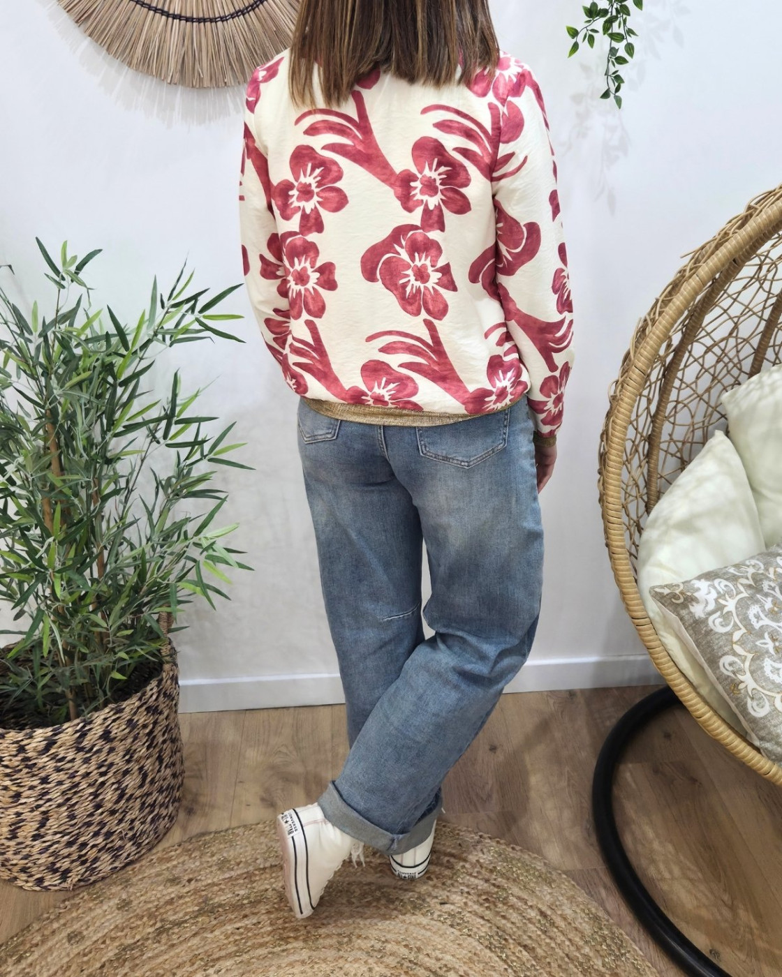 Bombers femme écru fleurs roses Ludovica
