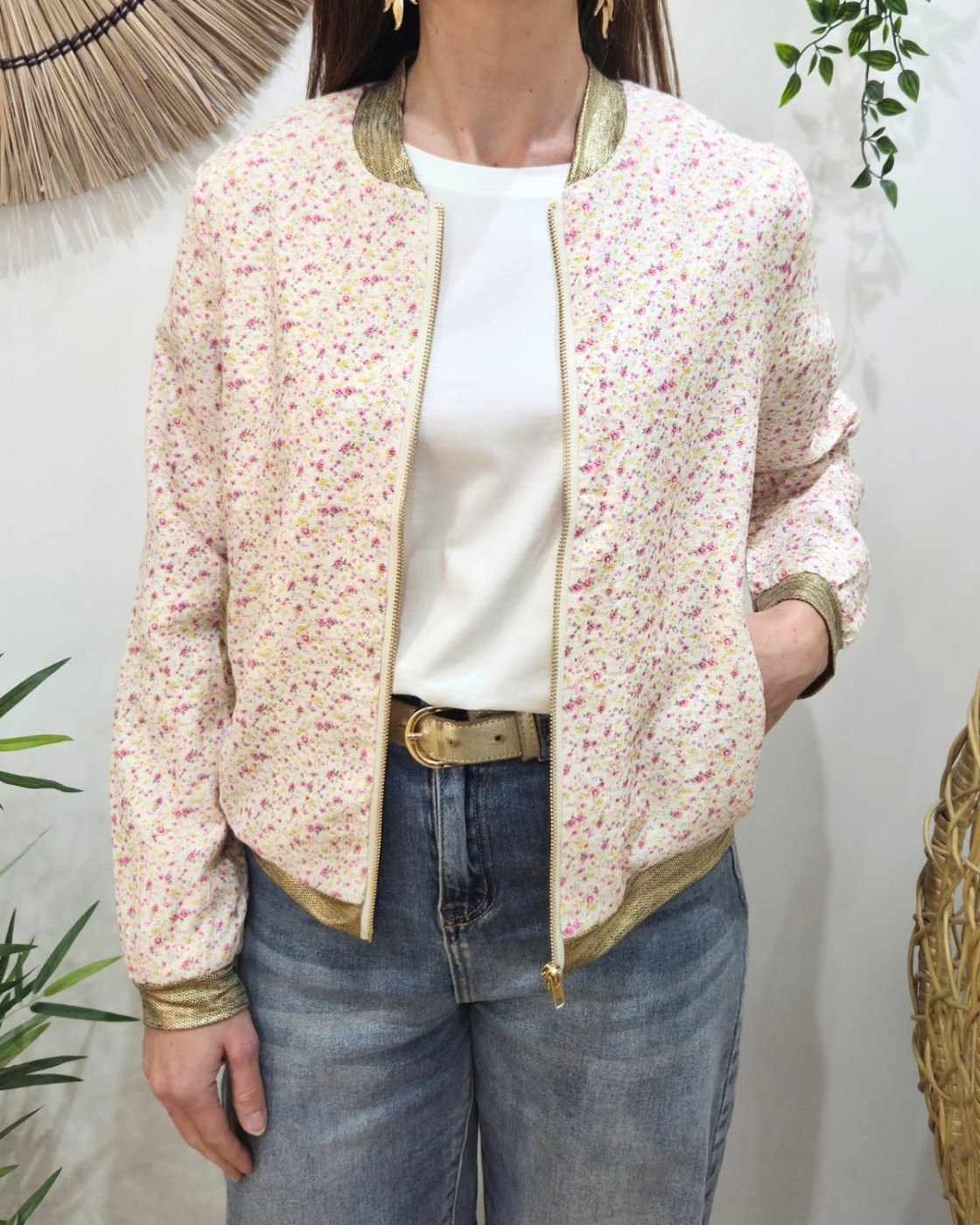 Bombers femme écru fleurs roses et jaunes Olimpia