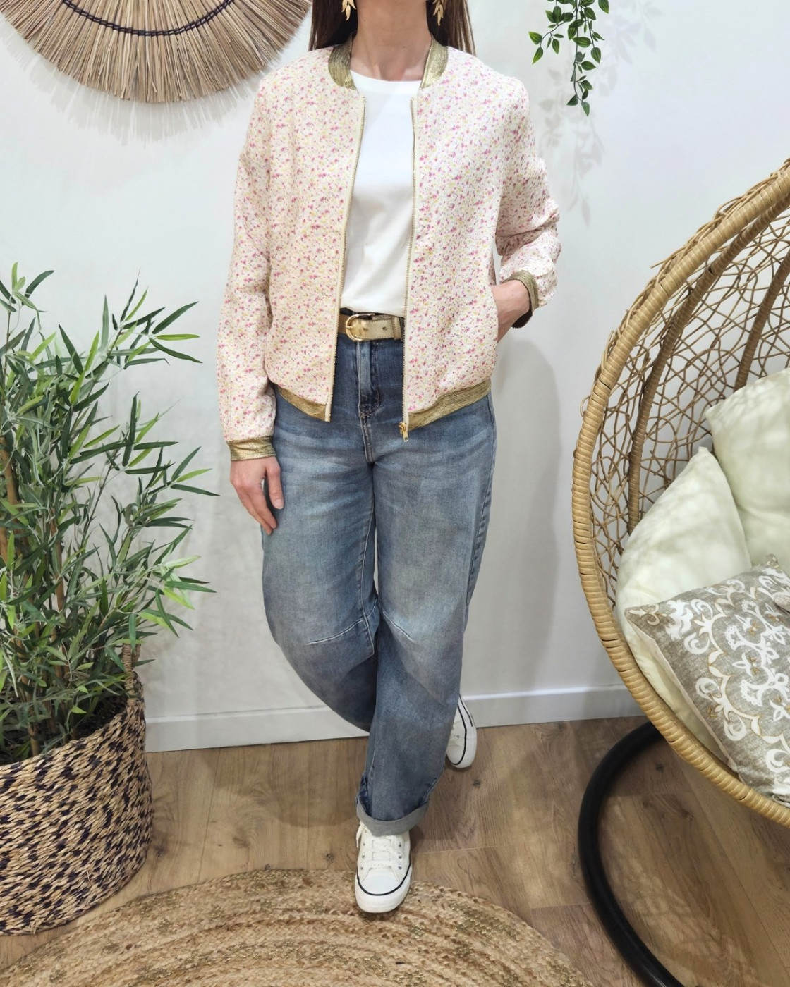 Bombers femme écru fleurs roses et jaunes Olimpia