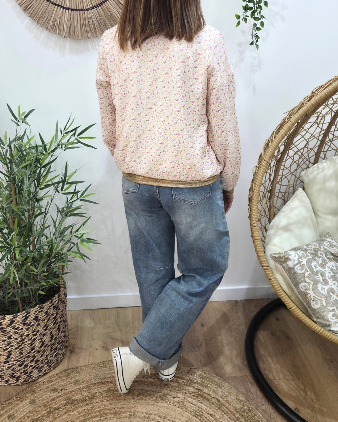 Bombers femme écru fleurs roses et jaunes Olimpia