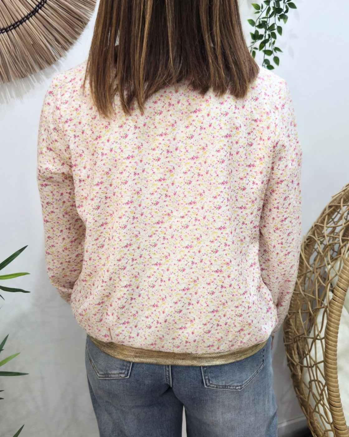 Bombers femme écru fleurs roses et jaunes Olimpia