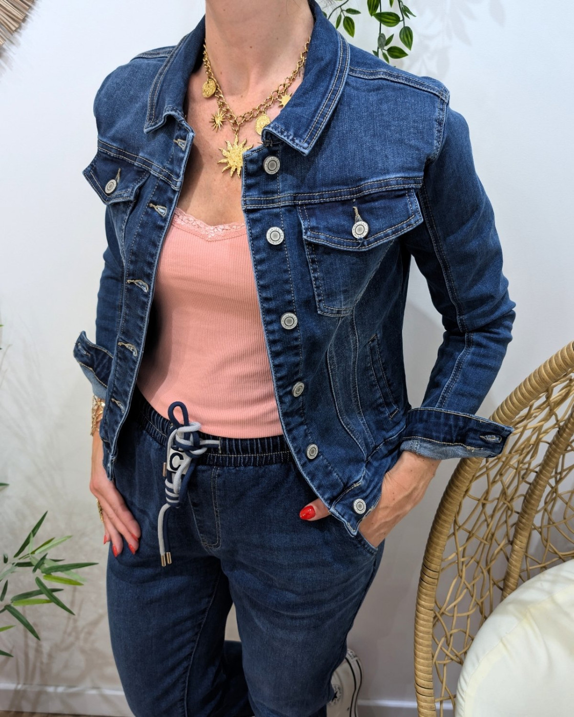 Veste femme en jean bleu foncé