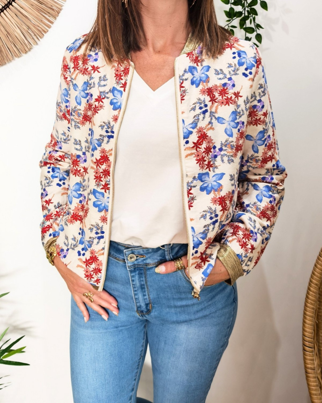 Bombers femme beige fleurs bleus et rouges Daryna