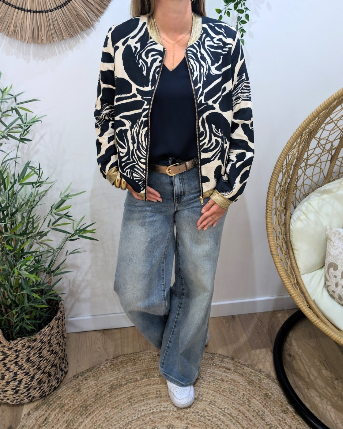 Bombers femme marine et beige à motifs Clarissa