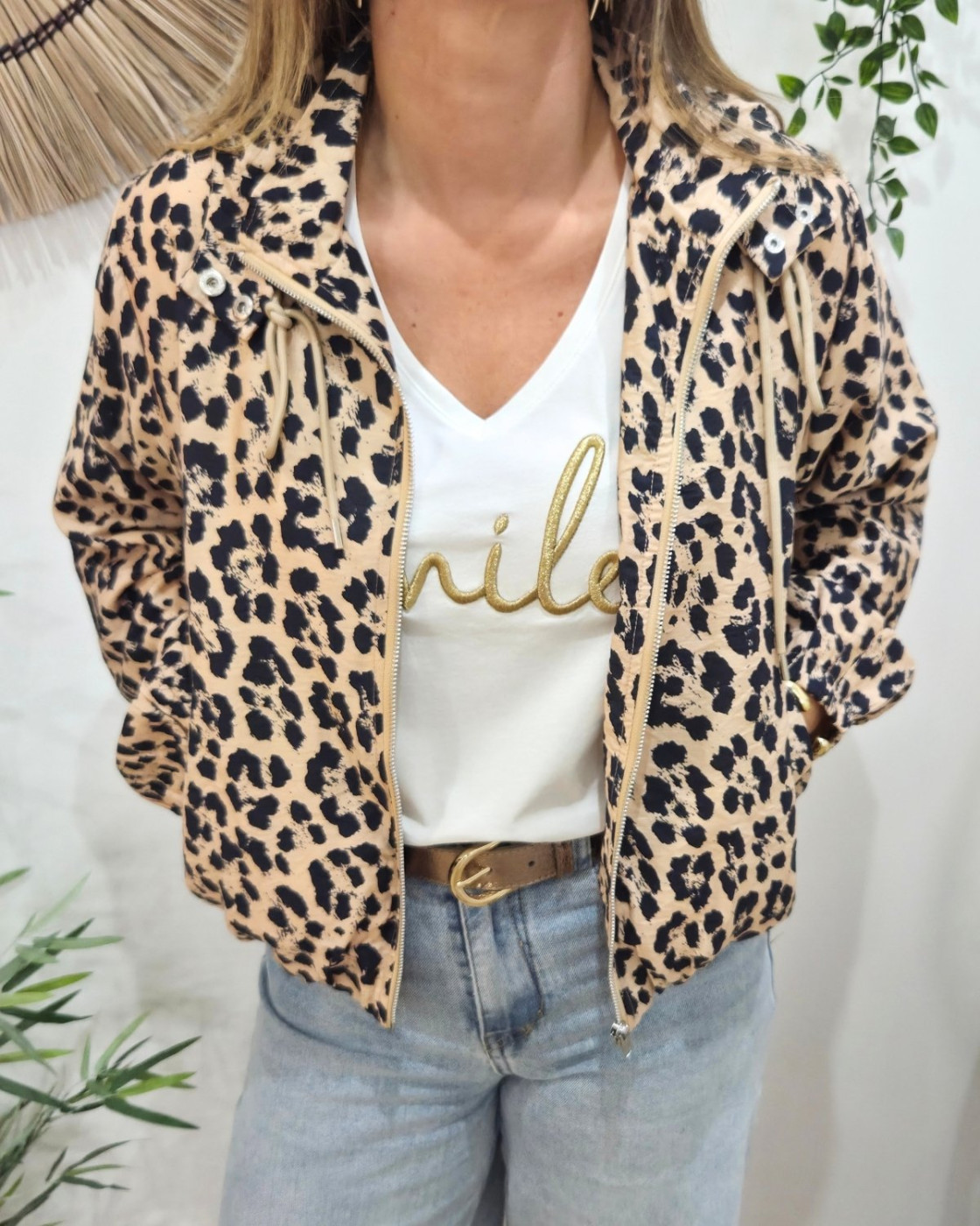 Veste femme à capuche léopard camel et noir