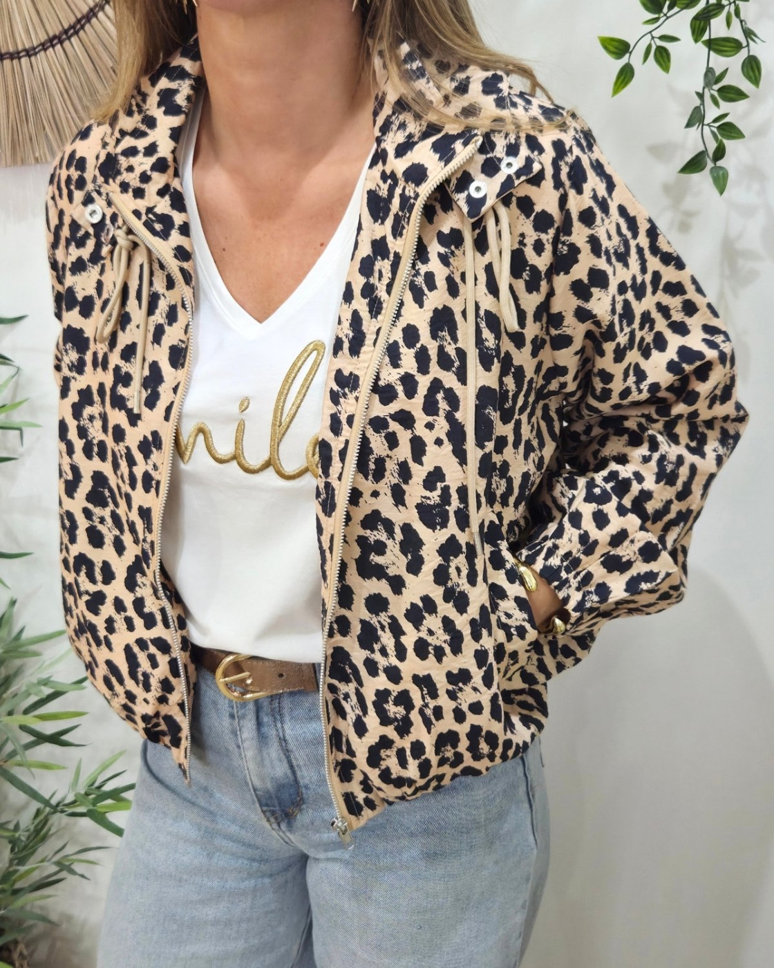 Veste femme à capuche léopard camel et noir