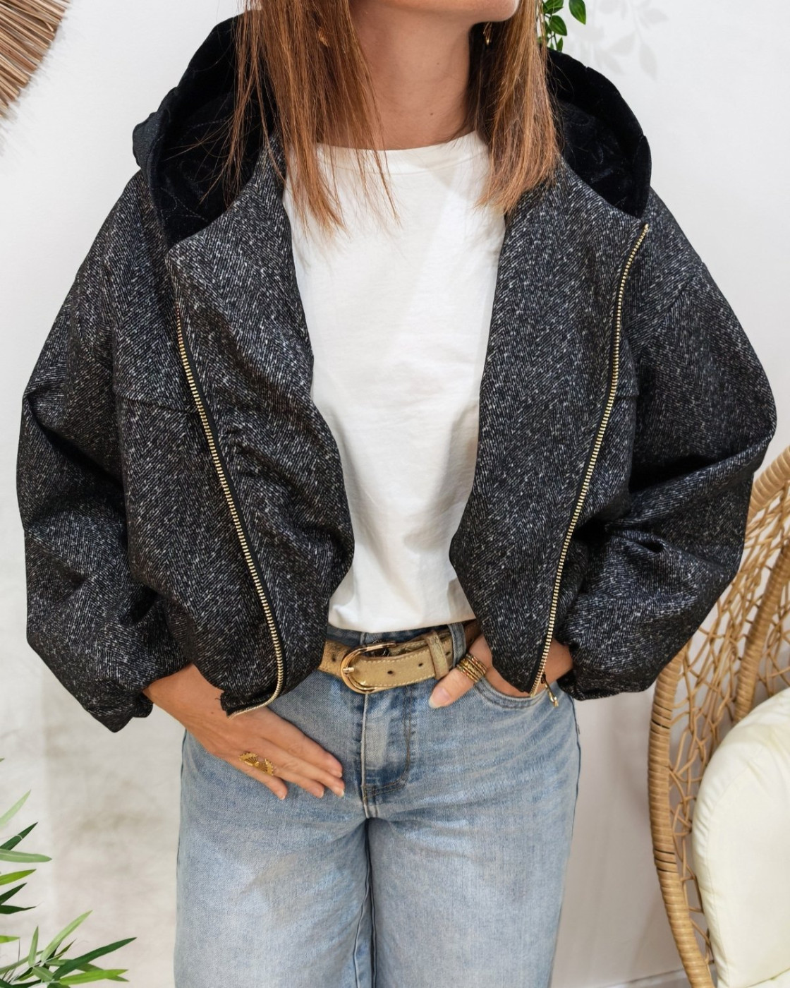 Veste femme chinée à capuche velours Eulalie