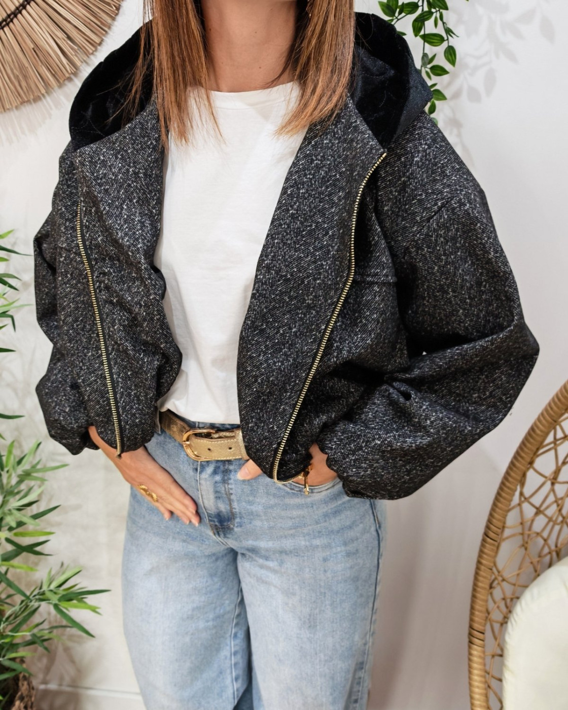 Veste femme chinée à capuche velours Eulalie