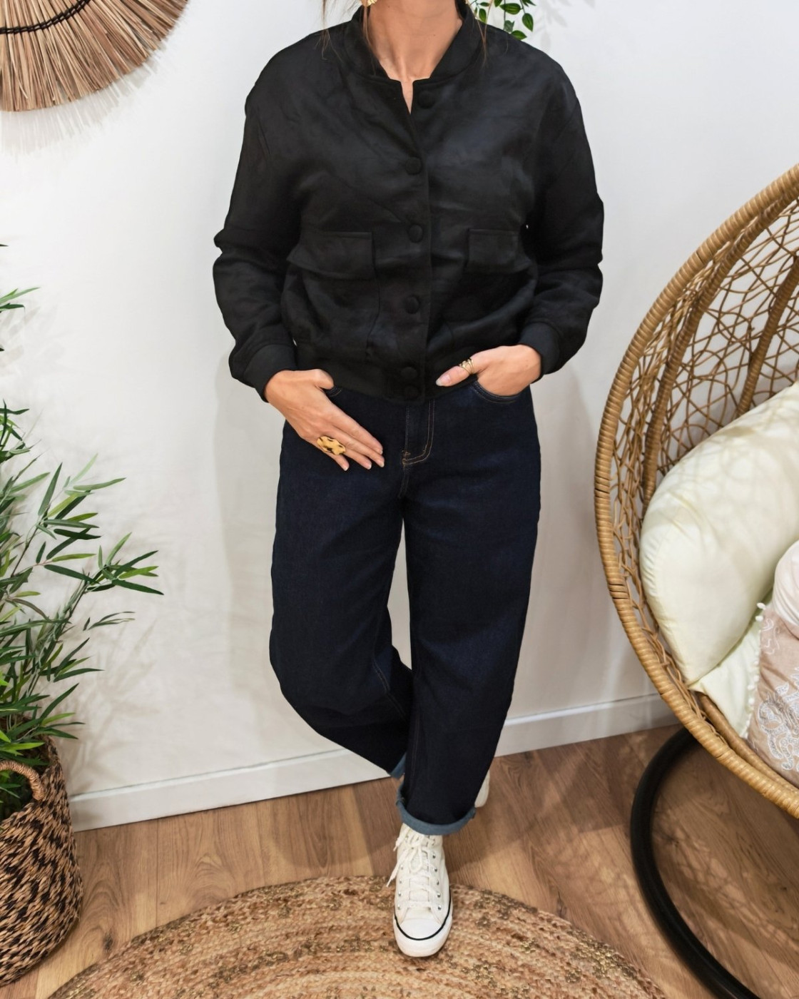 Bombers femme suédine noir à boutons