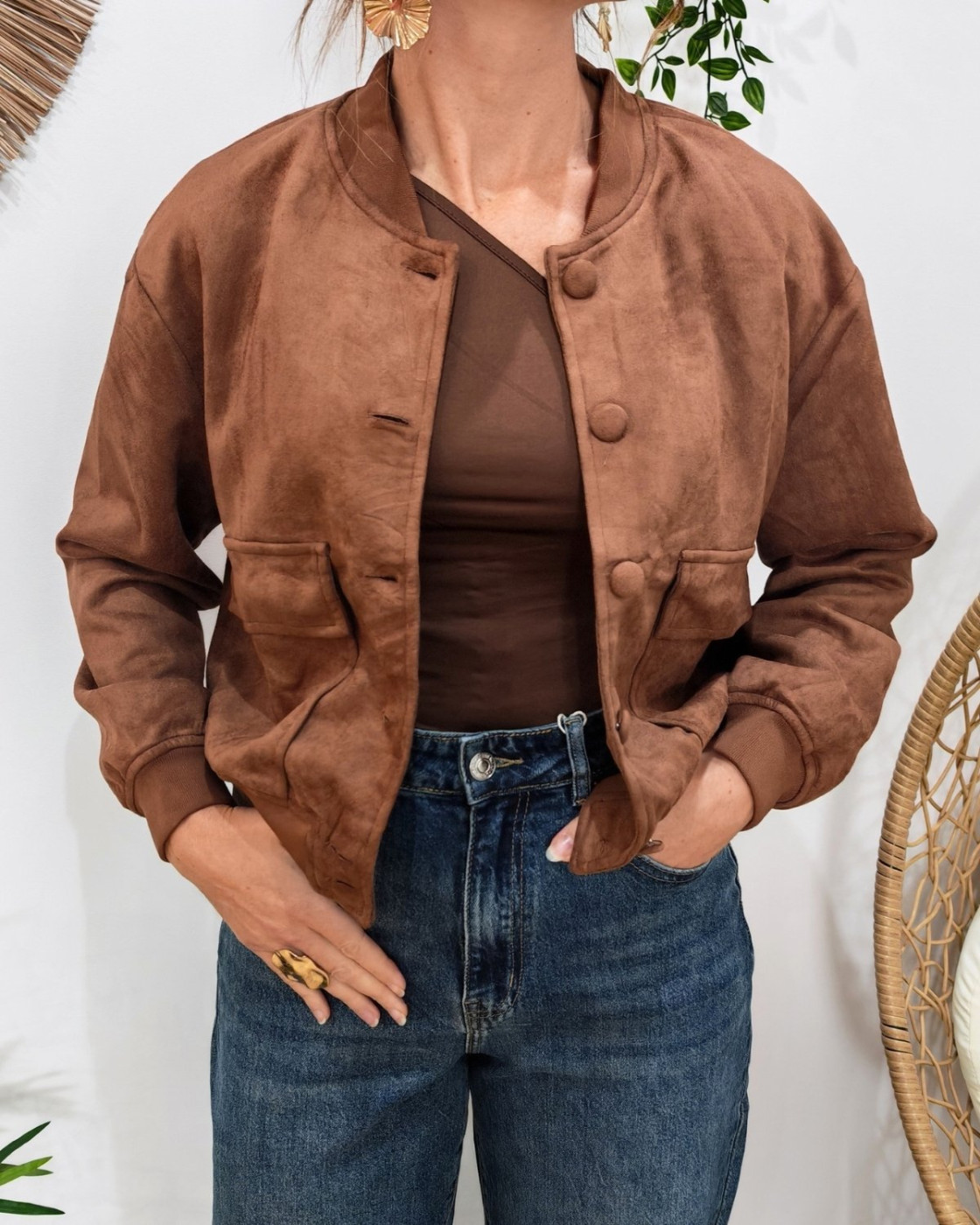 Bombers femme suédine marron à boutons