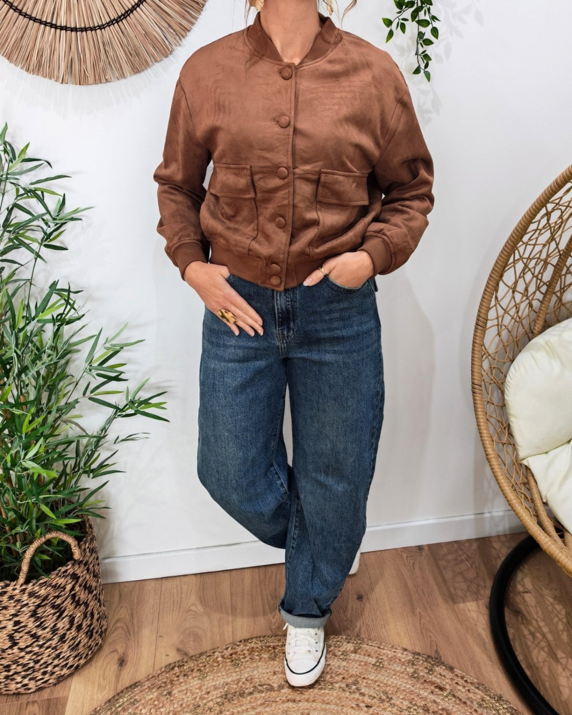 Bombers femme suédine marron à boutons