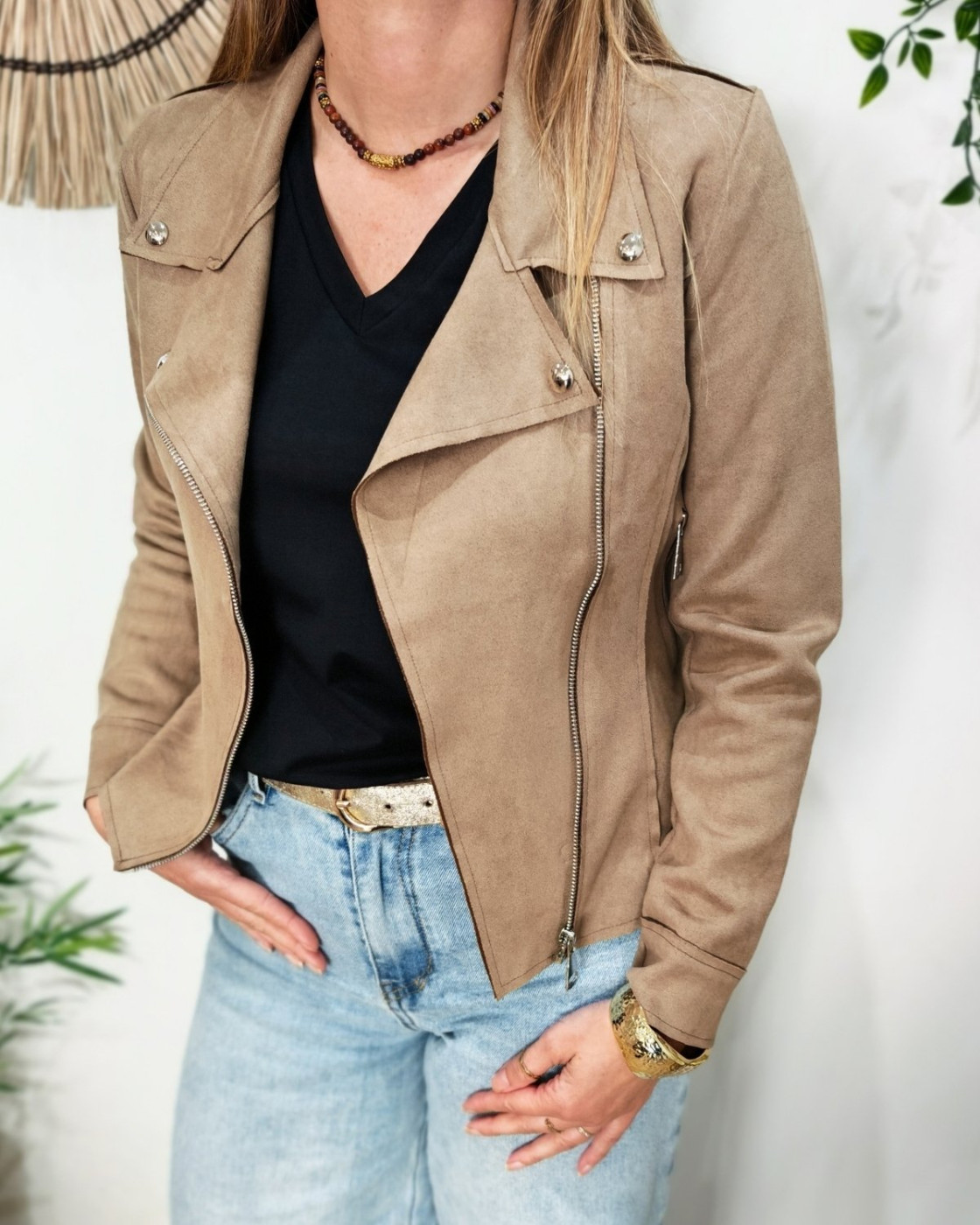 Perfecto femme fin suédine taupe