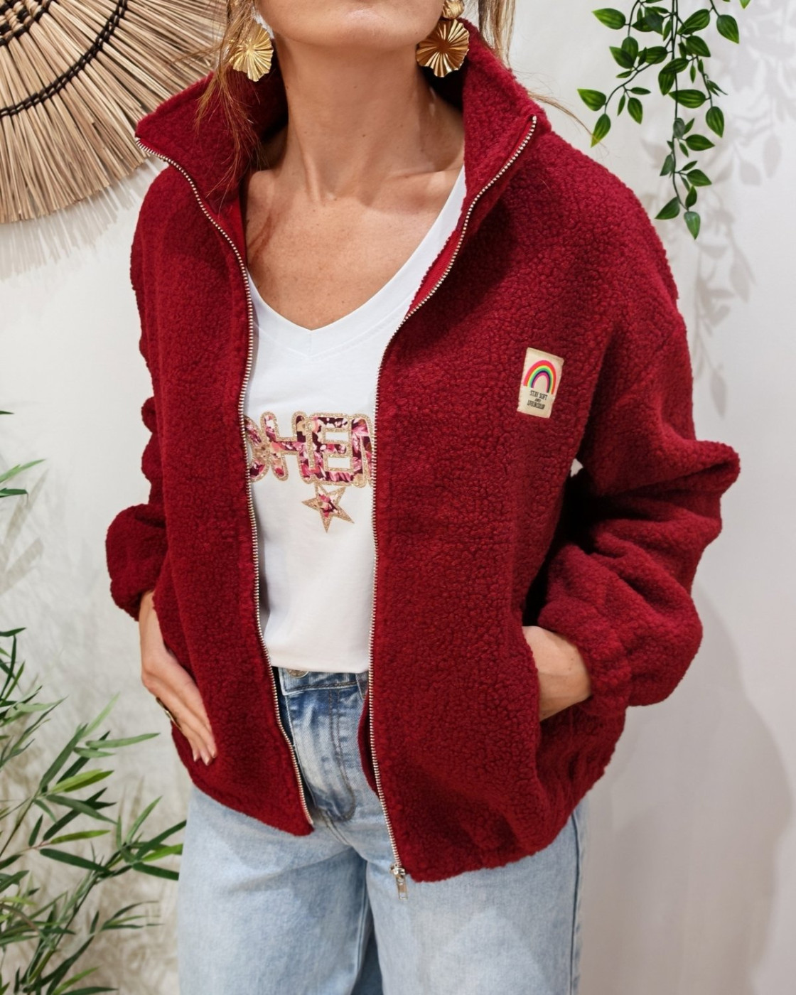 Veste polaire femme rouge bordeaux zippée Stay soft and live in color