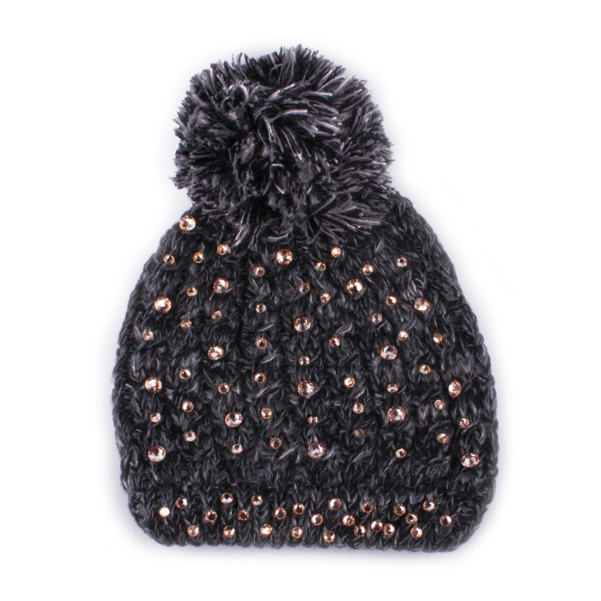 Bonnet gris noir à pompon et strass cuivrés