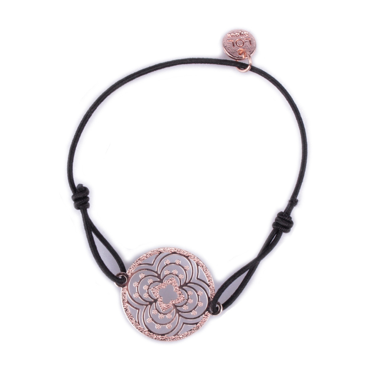 Bracelet LOL élastique noir rosace à trèfles filigrane cuivrée