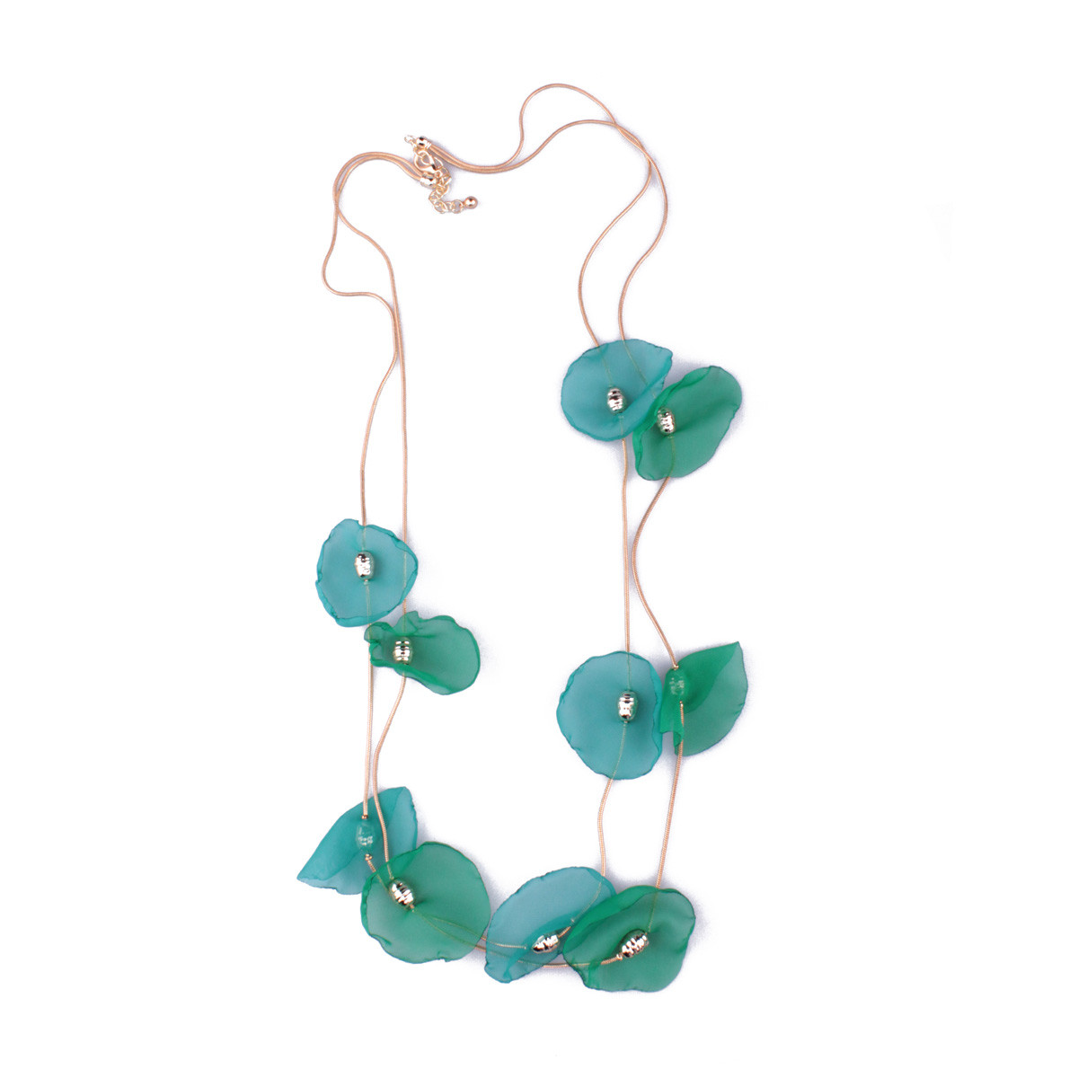 Sautoir vert et doré LOL coquelicots de tissu