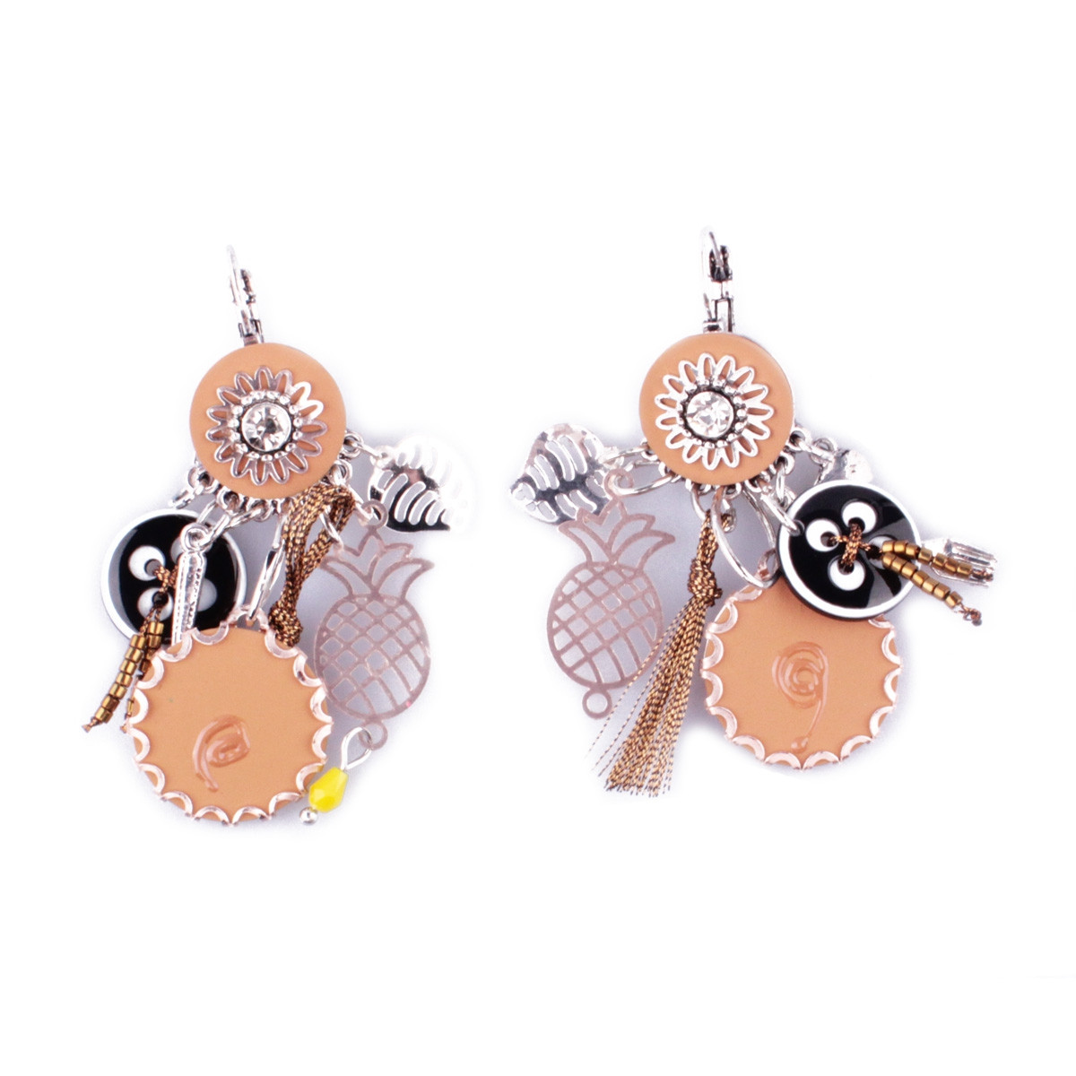 Boucles d'oreilles LOLILOTA breloques Ananas cuivré et pompons marrons et noires