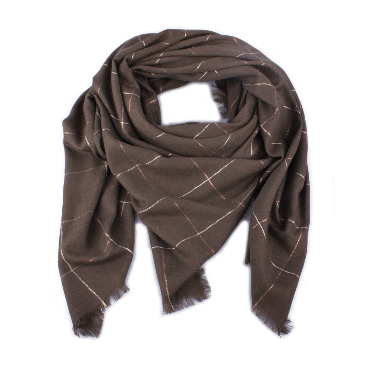 Echarpe kaki à carreaux dorés et cuivrés