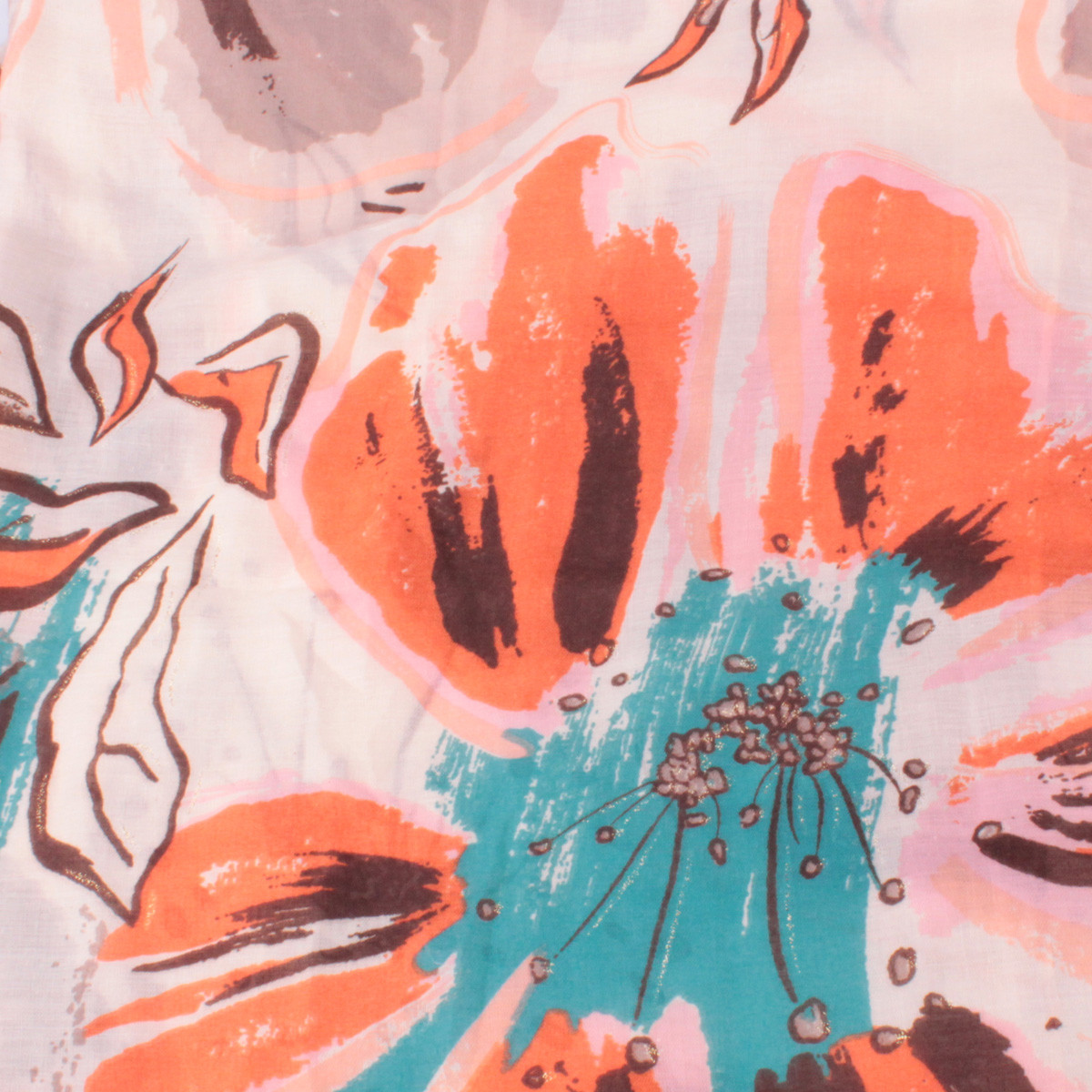 Echarpe beige taupe fleurs de lys oranges turquoises dorées