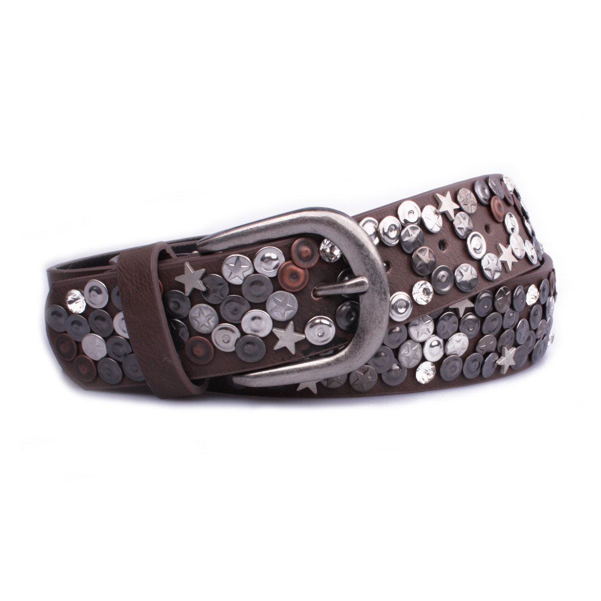Ceinture marron clous étoilés gris argent et cuivre 90 cm