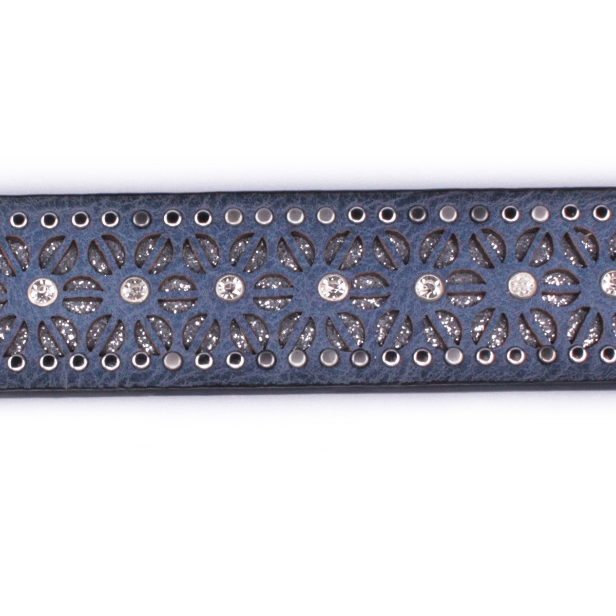 Ceinture bleue marine fleurs pailletées argent