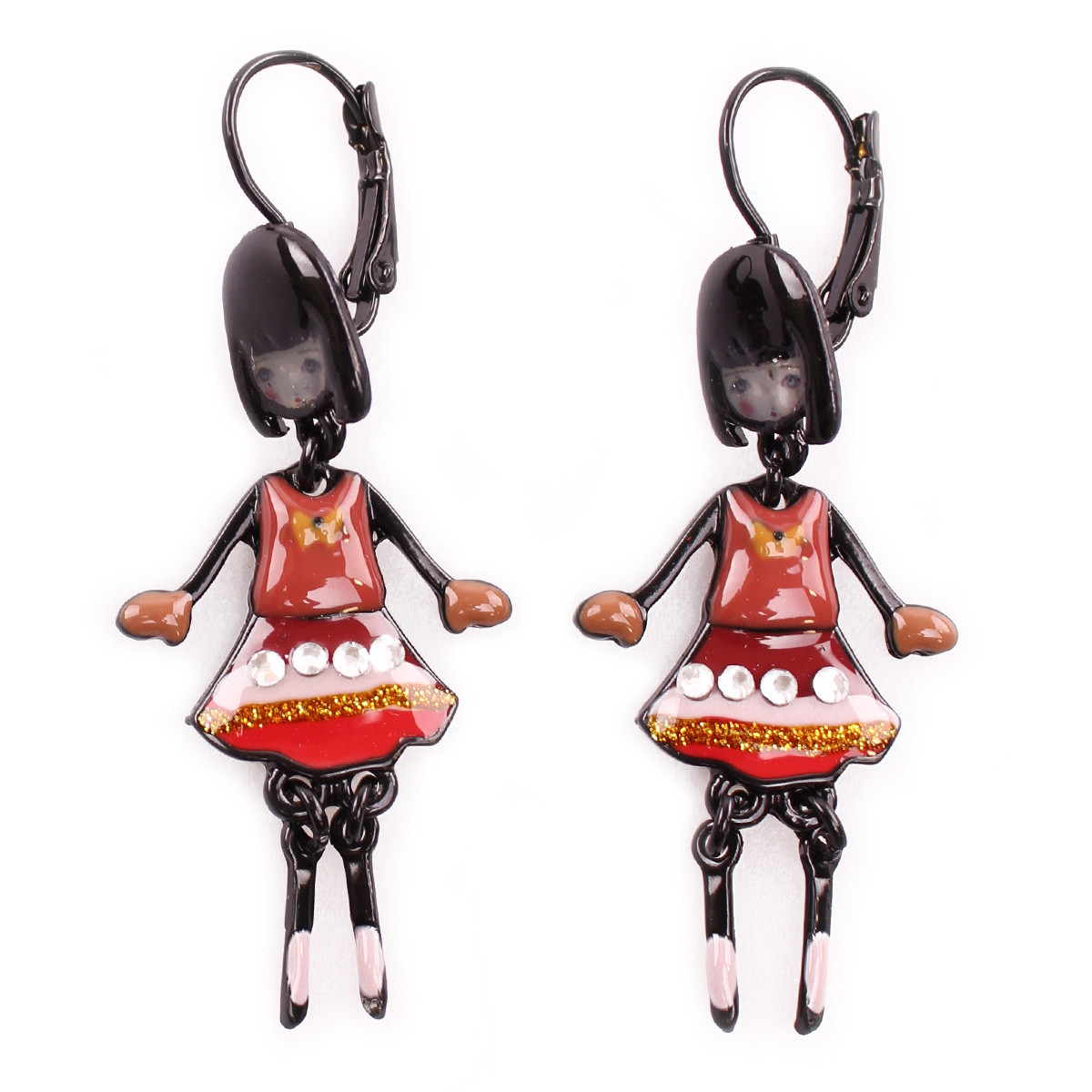 Boucles d'oreilles Poupées robes rayées cuivrées et dorées à strass