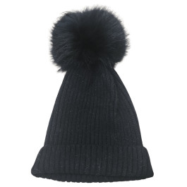 Bonnet femme uni à pompon-Noir