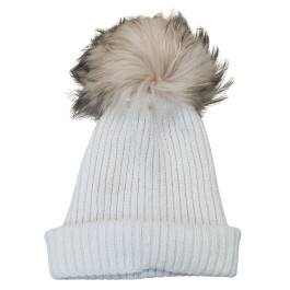Bonnet femme uni à pompon-Rose poudré