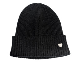 Bonnet femme uni coeur brodé argent-Noir