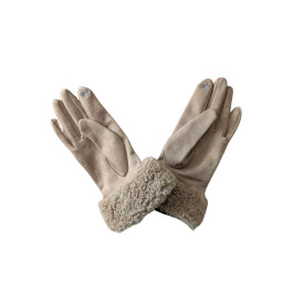 Gants suédine bordure bouclettes-Camel
