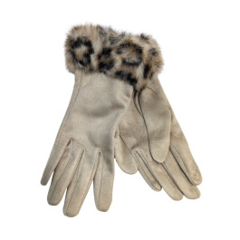 Gants suédine fausse fourrure léopard-Beige