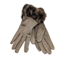 Gants suédine fausse fourrure léopard-Taupe