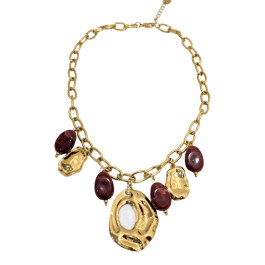 Collier femme acier maille breloques-Rouge bordeaux
