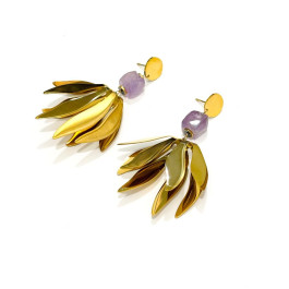 Boucles d'oreilles femme fleur acier doré pierre-Violet