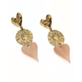 Boucles d'oreilles femme pendantes acier doré coeur résine-Rose