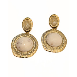 Boucles d'oreilles femme double médiallon acier doré et pierres-Beige