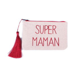 Petite pochette 11 X 17 cm beige pailletée Super Maman rouge et pompon