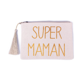 Petite pochette 11.5 X 17.3 cm beige pailletée Super Maman doré et pompon