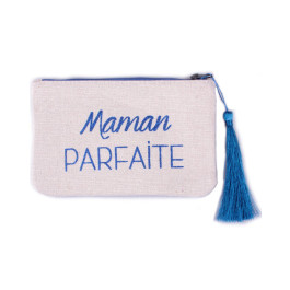 Petite pochette beige pailletée 11.5 X 17.3 cm Maman Parfaite bleu roi et pompon