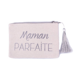 Pochette beige pailletée 15.5 X 21.5 cm Maman Parfaite argent et pompon