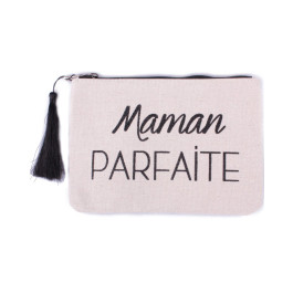 Pochette beige pailletée 15.5 X 21.5 cm Maman Parfaite noir et pompon