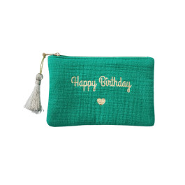 Petite pochette coton Happy birthday coeur doré-Vert