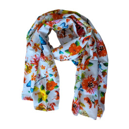 Foulard femme coton fleurs et papillons-Multicolore