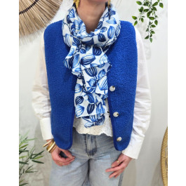 Foulard femme fleurs rayées et dorures-Bleu