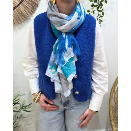 Foulard femme fleurs aquarelle et dorures-Bleu